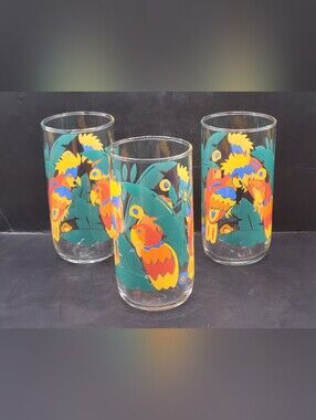 Vintage Set Of 3 Libbey Parrot Tropical Drinking Glasses Highball Barware